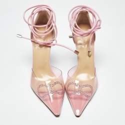 Pre Owned Mach & Mach Pink Leather and PVC Crystal Bow Ankle Strap Pumps Size 39