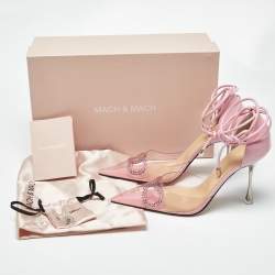 Pre Owned Mach & Mach Pink Leather and PVC Crystal Bow Ankle Strap Pumps Size 39