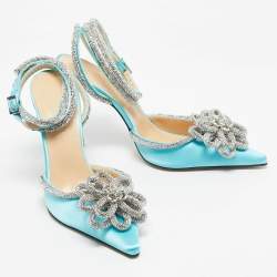 مملوكة مسبقًا Mach & Mach Blue Satin Crystal Flower Pumps Size 39.5