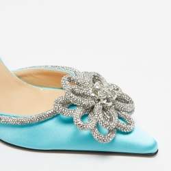 مملوكة مسبقًا Mach & Mach Blue Satin Crystal Flower Pumps Size 39.5