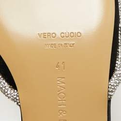 Pre Owned Mach & Mach Black Satin Double Bow Crystal Embellished Ankle Wrap Flat Sandals Size 41