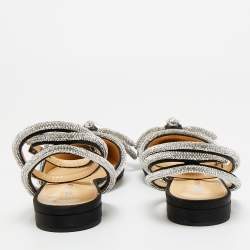 Pre Owned Mach & Mach Black Satin Double Bow Crystal Embellished Ankle Wrap Flat Sandals Size 41
