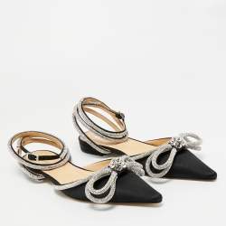 Pre Owned Mach & Mach Black Satin Double Bow Crystal Embellished Ankle Wrap Flat Sandals Size 41