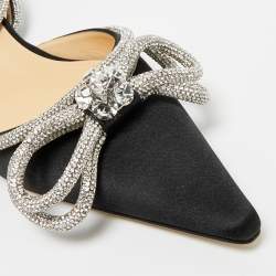 Pre Owned Mach & Mach Black Satin Double Bow Crystal Embellished Ankle Wrap Flat Sandals Size 41