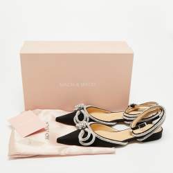 Pre Owned Mach & Mach Black Satin Double Bow Crystal Embellished Ankle Wrap Flat Sandals Size 41