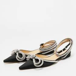 Pre Owned Mach & Mach Black Satin Double Bow Crystal Embellished Ankle Wrap Flat Sandals Size 41