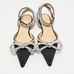 Pre Owned Mach & Mach Black Satin Double Bow Crystal Embellished Ankle Wrap Flat Sandals Size 41