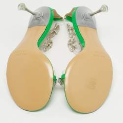 مملوكة مسبقًا Mach & Mach Green Patent Leather and PVC Floating Crystal Bow Sandals Size 37.5