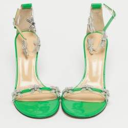 مملوكة مسبقًا Mach & Mach Green Patent Leather and PVC Floating Crystal Bow Sandals Size 37.5