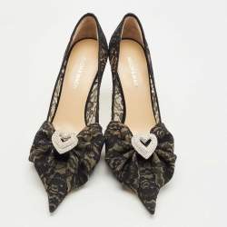 Pre Owned Mach & Mach Black Lace Draped Double Heart Pumps Size 38