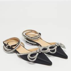 Pre Owned Mach & Mach Black Satin Double Bow Crystal Embellished Ankle Wrap Flat Sandals Size 41