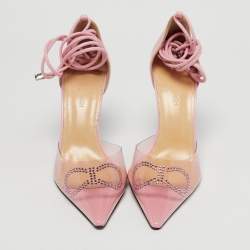 Pre Owned Mach & Mach Pink Leather and PVC Crystal Embellished Bow Ankle Wrap Sandals Size 39.5