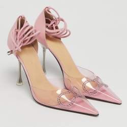 Pre Owned Mach & Mach Pink Leather and PVC Crystal Embellished Bow Ankle Wrap Sandals Size 39.5