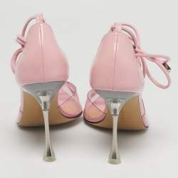 Pre Owned Mach & Mach Pink Leather and PVC Crystal Embellished Bow Ankle Wrap Sandals Size 39.5