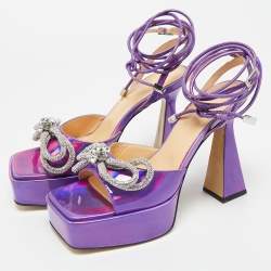 Pre Owned Mach & Mach Purple Iridescent Leather Double Bow Platform Sandals Size 39