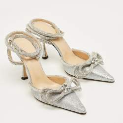 Pre Owned Mach & Mach Silver Glitter Crystal Embellished Double Bow Pumps Size 38.5