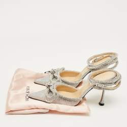 Pre Owned Mach & Mach Silver Glitter Crystal Embellished Double Bow Pumps Size 38.5
