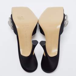 Pre Owned Mach & Mach Black Satin Double Bow Crystal Embellished Slip Sandals Size 37