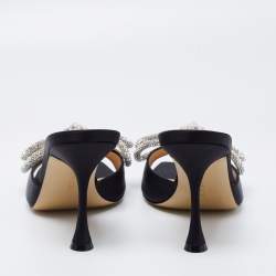 Pre Owned Mach & Mach Black Satin Double Bow Crystal Embellished Slip Sandals Size 37