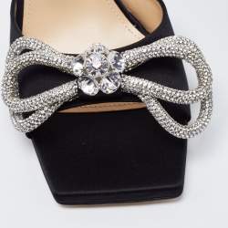 Pre Owned Mach & Mach Black Satin Double Bow Crystal Embellished Slip Sandals Size 37