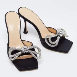 Pre Owned Mach & Mach Black Satin Double Bow Crystal Embellished Slip Sandals Size 37