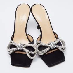 Pre Owned Mach & Mach Black Satin Double Bow Crystal Embellished Slip Sandals Size 37