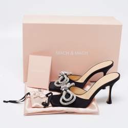 Pre Owned Mach & Mach Black Satin Double Bow Crystal Embellished Slip Sandals Size 37