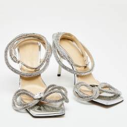 Pre Owned Mach & Mach Silver Leather and PVC Crystal Embellished Bow Ankle Strap Sandals Size 40