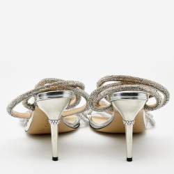 Pre Owned Mach & Mach Silver Leather and PVC Crystal Embellished Bow Ankle Strap Sandals Size 40