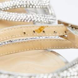 Pre Owned Mach & Mach Silver Leather and PVC Crystal Embellished Bow Ankle Strap Sandals Size 40