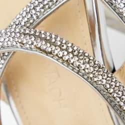 Pre Owned Mach & Mach Silver Leather and PVC Crystal Embellished Bow Ankle Strap Sandals Size 40