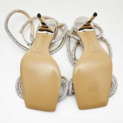 Pre Owned Mach & Mach Silver Leather and PVC Crystal Embellished Bow Ankle Strap Sandals Size 40