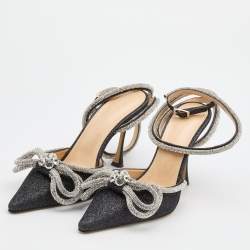 Pre Owned Mach & Mach Black/Silver Glitter Embellished Double Bow Ankle Strap Pumps Size 40