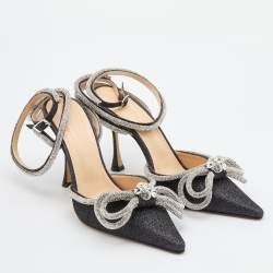 Pre Owned Mach & Mach Black/Silver Glitter Embellished Double Bow Ankle Strap Pumps Size 40
