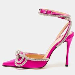 Pre Owned Mach & Mach Pink Satin Crystal Bow Ankle Wrap Pumps Size 36
