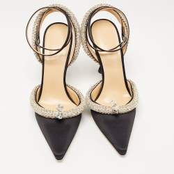 Pre Owned Mach & Mach Black Satin Georgia Crystal Embellished Slingback Pumps Size 39