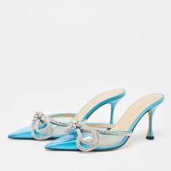 Mach & Mach Blue PVC Crystal Embellished Double Bow Mules Size 39