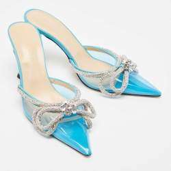 Mach & Mach Blue PVC Crystal Embellished Double Bow Mules Size 39