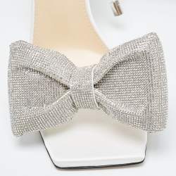Pre Owned Mach & Mach White Satin Crystal Embellished Bow Ankle Wrap Sandals Size 38