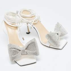 Pre Owned Mach & Mach White Satin Crystal Embellished Bow Ankle Wrap Sandals Size 38