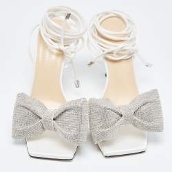 Pre Owned Mach & Mach White Satin Crystal Embellished Bow Ankle Wrap Sandals Size 38