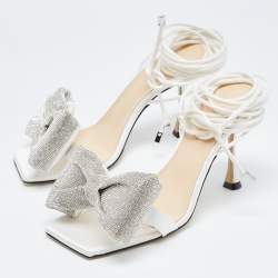 Pre Owned Mach & Mach White Satin Crystal Embellished Bow Ankle Wrap Sandals Size 38