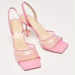 Pre Owned Mach & Mach Pink PVC and Patent Hearts Print Slingback Sandals Size 39