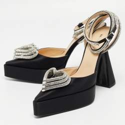 Pre Owned Mach & Mach Black Satin Triple Hear Embellished Ankle Strap Pumps Size 41
