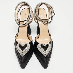 Pre Owned Mach & Mach Black Satin Triple Hear Embellished Ankle Strap Pumps Size 41