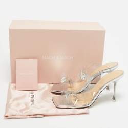 Pre Owned Mach & Mach Silver PVC and Patent Leather Crystals Embellished Slide Sandals Size 38