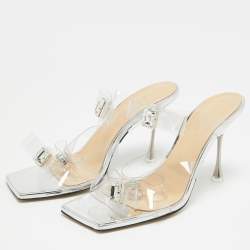 Pre Owned Mach & Mach Silver PVC and Patent Leather Crystals Embellished Slide Sandals Size 38