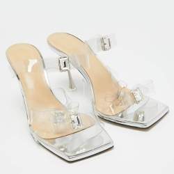 Pre Owned Mach & Mach Silver PVC and Patent Leather Crystals Embellished Slide Sandals Size 38