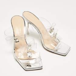 Mach & Mach Silver PVC and Patent Leather French Triple Bow Sandals Size 36.5