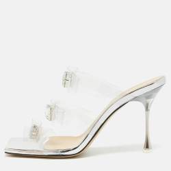Mach & Mach Silver PVC and Patent Leather French Triple Bow Sandals Size 36.5